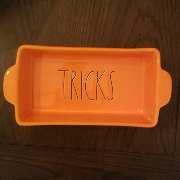 Rae Dunn "Tricks" Orange Halloween Loaf Dish. NWT - Picture 1 of 3